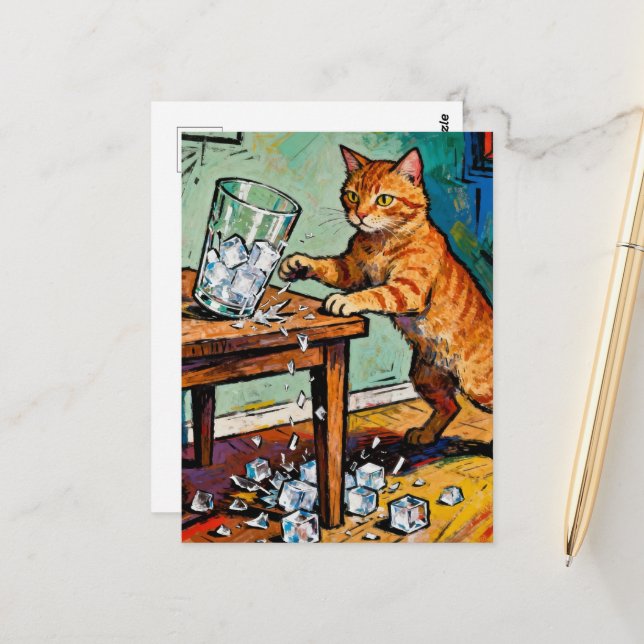 A cute ginger cat knocks over a glass of ice postcard (Front/Back In Situ)