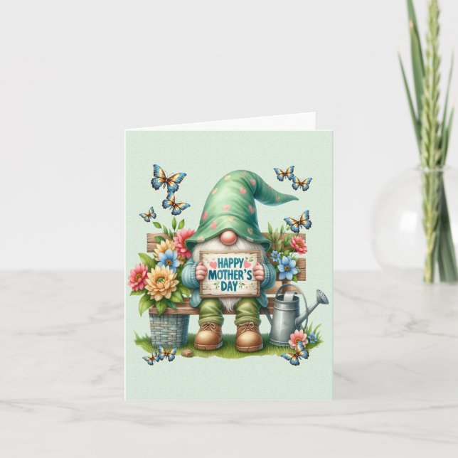 A cute gnome on a bench wishing happy mothers day  holiday card (Front)