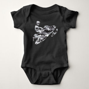A Cute Grey Camouflage Snowmobile Baby Bodysuit