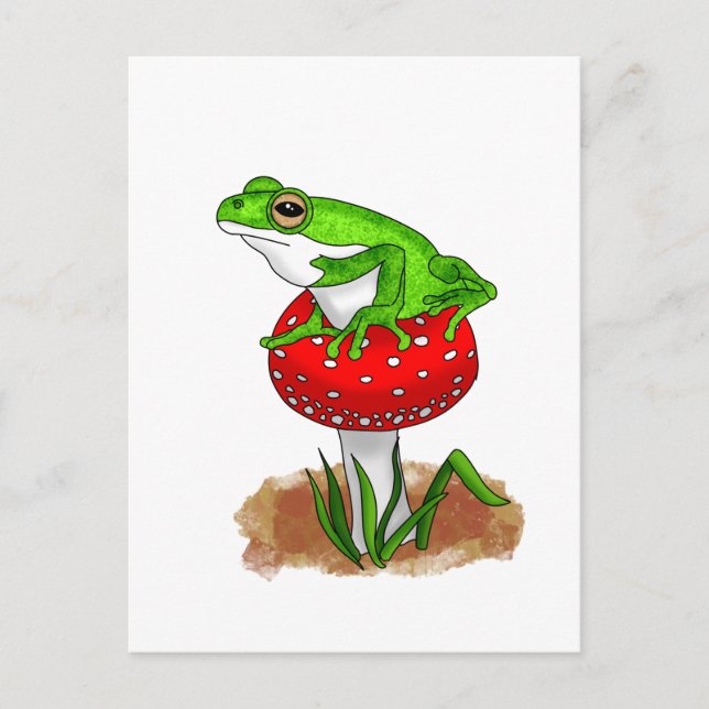 A cute Hand drawn Frog on a Whimsical Mushroom Postcard (Front)