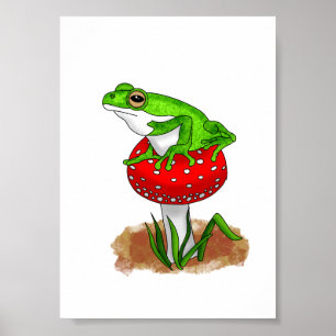 A cute Hand drawn Frog on a Whimsical Mushroom Poster