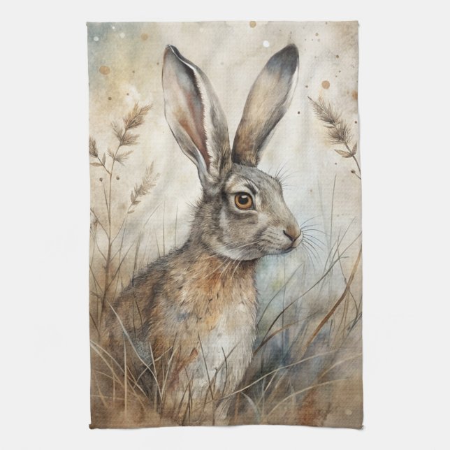 A Cute Hare in Forest Tea Towel (Vertical)