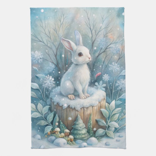 A Cute Hare in Winter Tea Towel (Vertical)