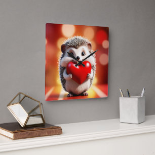 A cute hedgehog holding a heart square wall clock