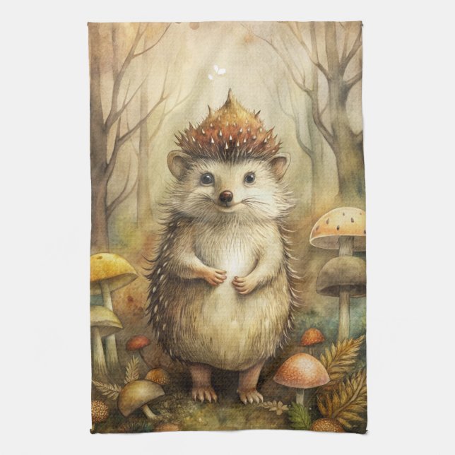 A Cute Hedgehog in Forest Tea Towel (Vertical)