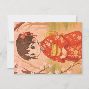A cute Japanese girl in a cherry blossom garden P Postcard