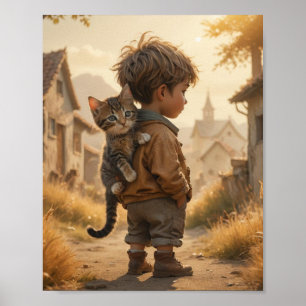 A cute kid and his kitten poster