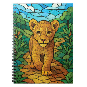 A cute lion cub walking, stained glass digital art notebook