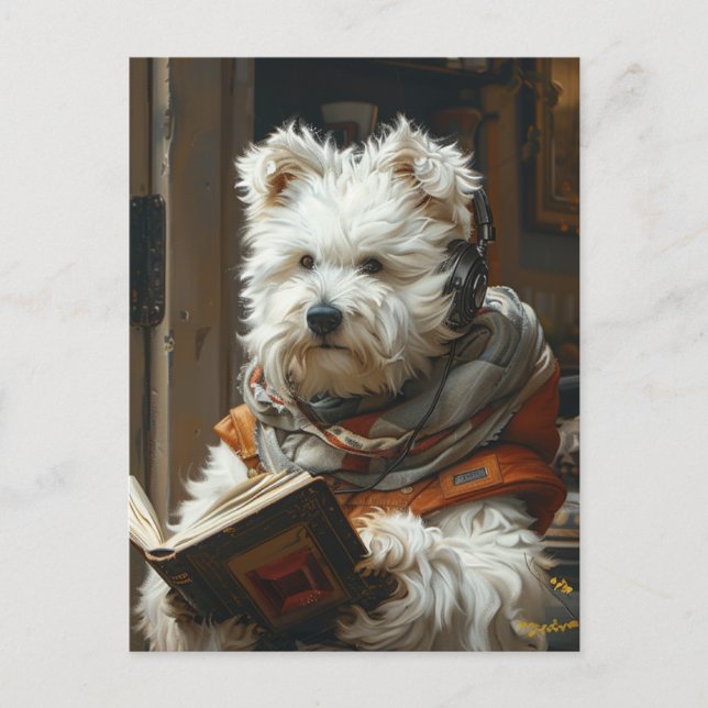 A Cute Little Dog Reading A Book Postcard (Front)