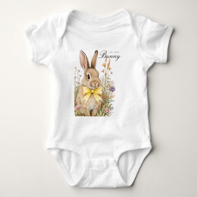 A cute little Floral Bunny Yellow Bow Baby Shower  Bodysuit (Front)
