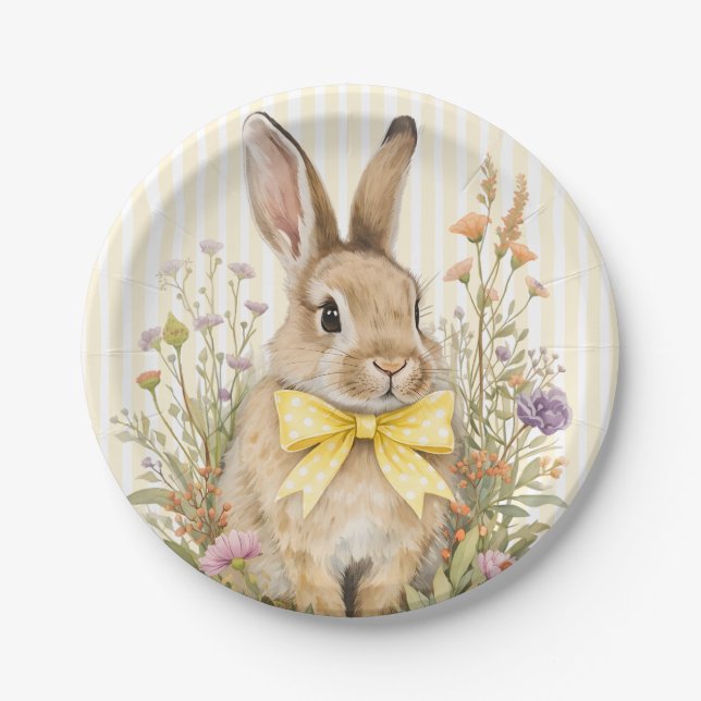 A cute little Floral Bunny Yellow Bow Baby Shower  Paper Plate (Front)