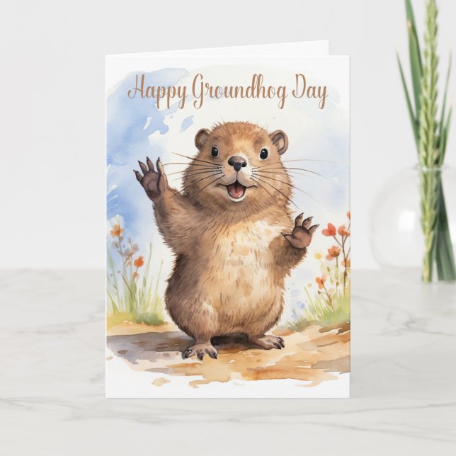 A Cute Little Groundhog Waving with a Shadow  Holiday Card (Front)