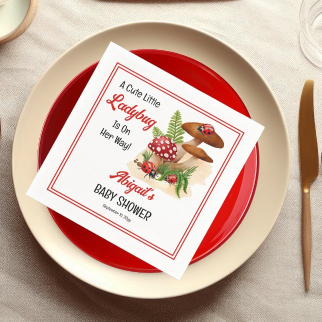 A Cute Little Ladybug Is On Her Way Baby Shower Napkin ("A Cute Little Ladybug Is On Her Way!" Girl Baby Shower Paper Napkins)