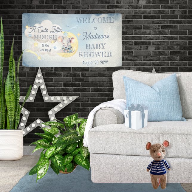 A Cute Little Mouse Is On His Way Boy Baby Shower Banner (Creator Uploaded)