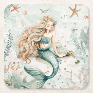 A Cute Mermaid Square Paper Coaster