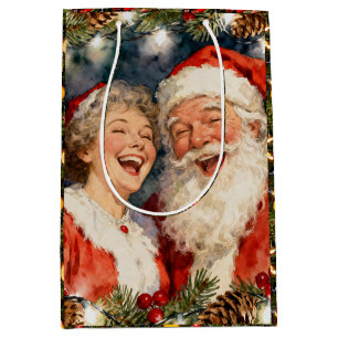 A Cute Mr and Mrs Claus Vintage Christmas Medium Gift Bag