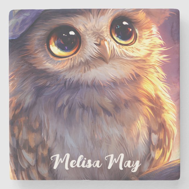 A Cute Owl Wearing a Witch Hat  Stone Coaster (Front)