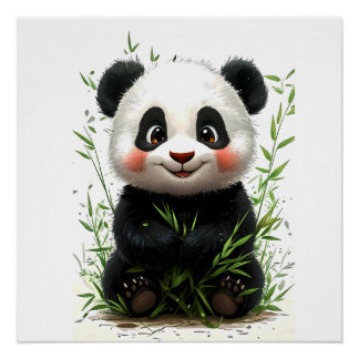 A cute panda with rosy cheeks sits happily poster