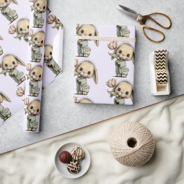 A Cute Pattern with a Bunny Holding a Tulip Wrapping Paper (Crafts)