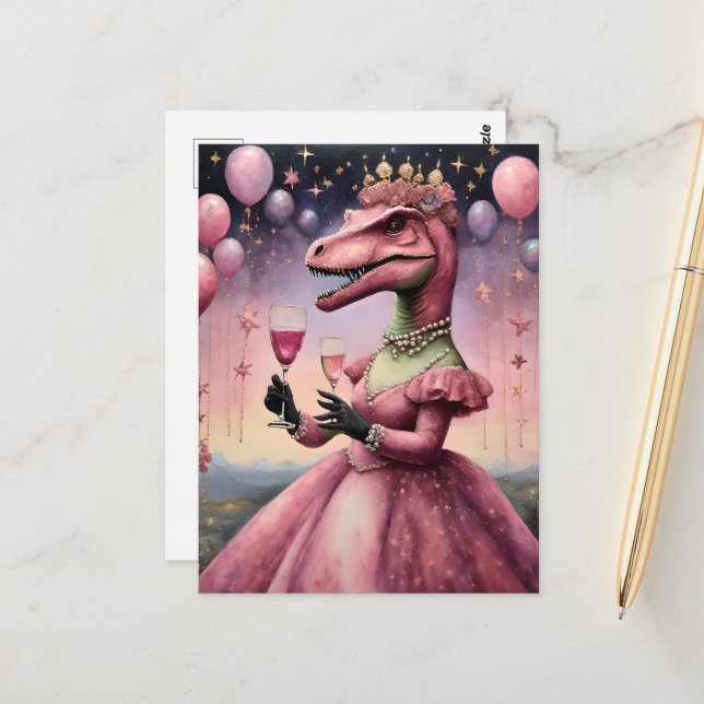 A Cute Pink Dino in a Dress Postcard (Front/Back In Situ)