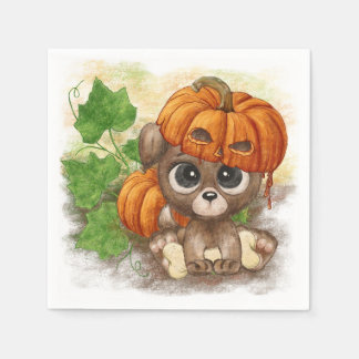 A cute puppy in a pumpkin hat napkin