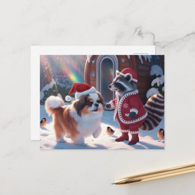 A Cute Racoon and Very Cute Dog Festive Christmas Postcard (Front/Back In Situ)