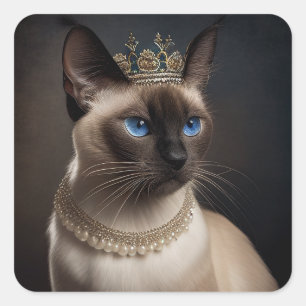 A cute Siamese cat with Pearl necklace and crown Square Sticker