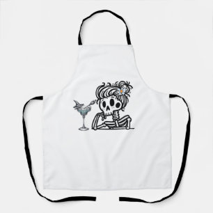 A cute skeleton with a flower and a drink. apron