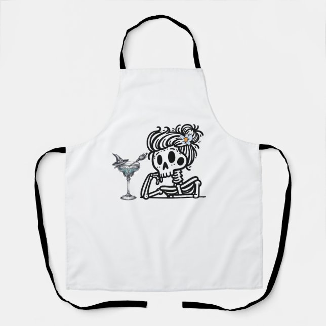 A cute skeleton with a flower and a drink. apron (Front)