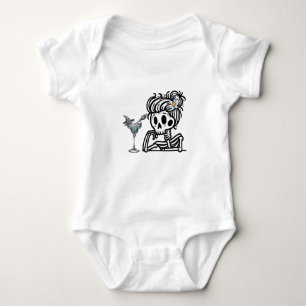 A cute skeleton with a flower and a drink. baby bodysuit