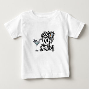 A cute skeleton with a flower and a drink. baby T-Shirt
