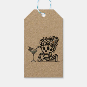 A cute skeleton with a flower and a drink. gift tags