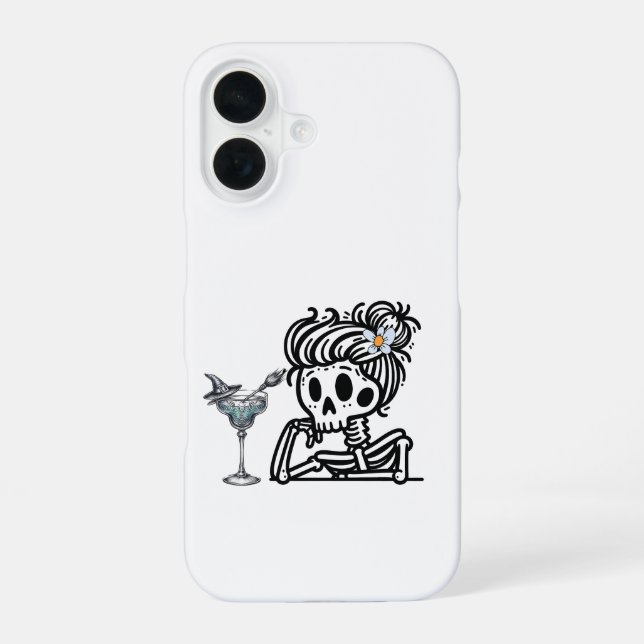 A cute skeleton with a flower and a drink. iPhone 16 case (Back)