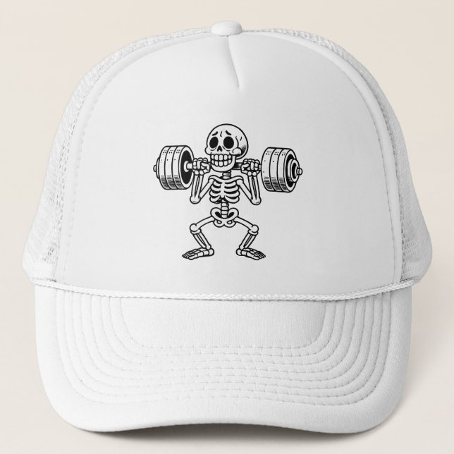 A cute skeleton working out  trucker hat (Front)