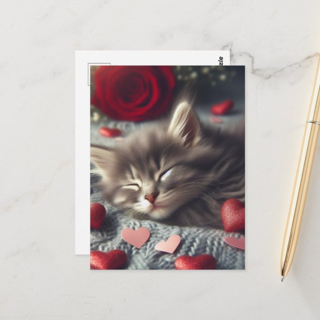 A cute Sleeping Valentine Kitten Postcard (Front/Back In Situ)