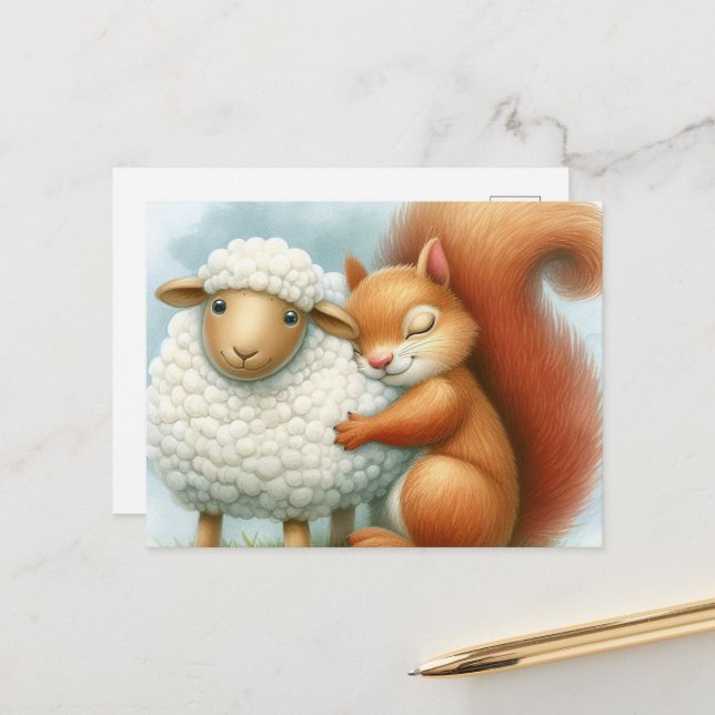 A Cute Squirrel Hugs a Sheep Postcard (Front/Back In Situ)