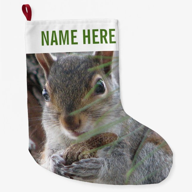 A Cute Squirrel With Peanut Woodland Holiday Fun Large Christmas Stocking (Front)