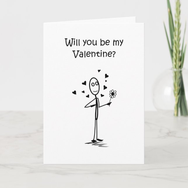 A cute stick figure man holding a daisy, with hear holiday card (Front)