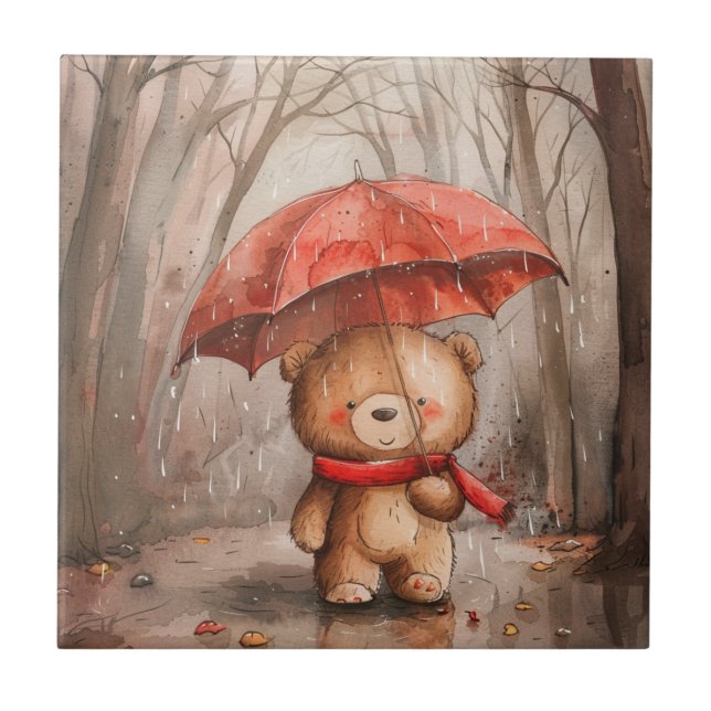 A Cute Teddy Bear in The Rain Ceramic Tile (Front)