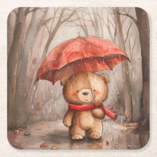 A Cute Teddy Bear in The Rain Square Paper Coaster