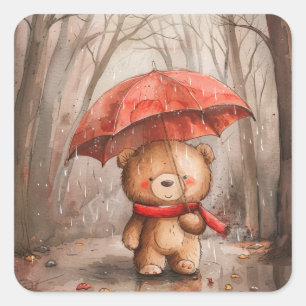 A Cute Teddy Bear in The Rain Square Sticker