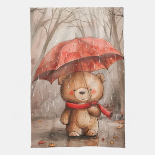 A Cute Teddy Bear in The Rain Tea Towel