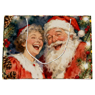 A Cute Vintage Mr and Mrs Claus Christmas Large Gift Bag