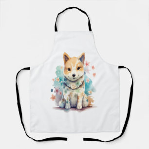 A cute well-behaved dog in a floral apron
