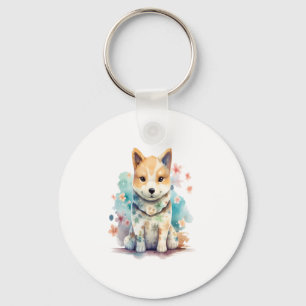 A cute well-behaved dog in a floral   key ring
