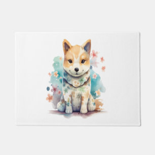 A cute well-behaved dog in a floral shirt doormat