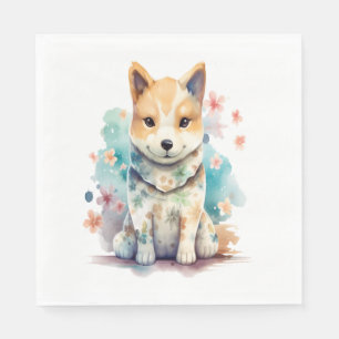 A cute well-behaved dog in a floral shirt napkin
