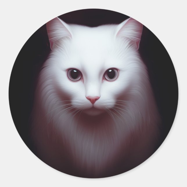 A Cute White Fluffy Cat Digital Art Classic Round Sticker (Front)