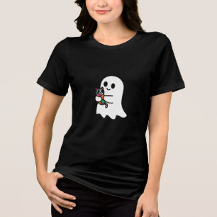 A cute white Ghost holding a cute colour full cat  Tri-Blend Shirt