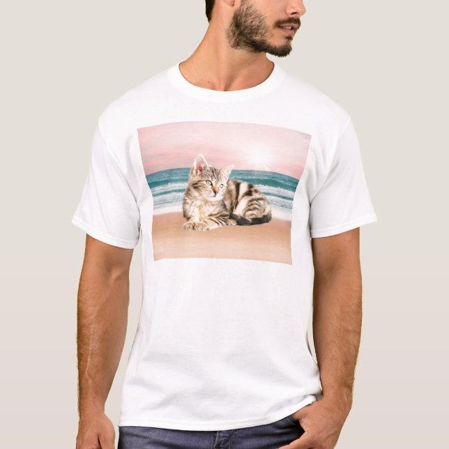 A Cuter Striped Cat Sitting on Beach with sunset T-Shirt (Front)
